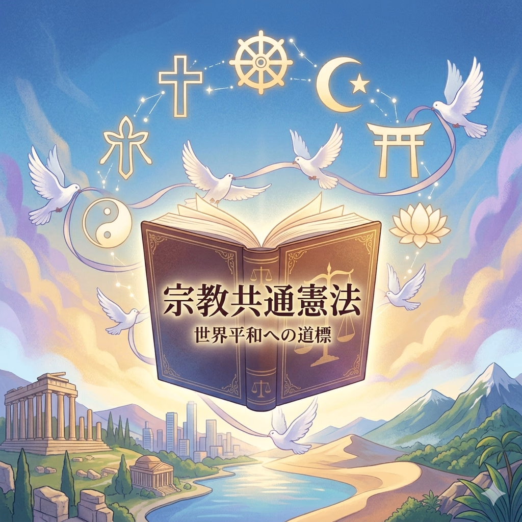 空を背景に、十字架、三日月、鳥居などの宗教シンボルが浮かぶ中、「宗教共通憲法」と書かれた本を囲んで白い鳩が舞っているイラスト。本の下には「世界平和への道標」の文字